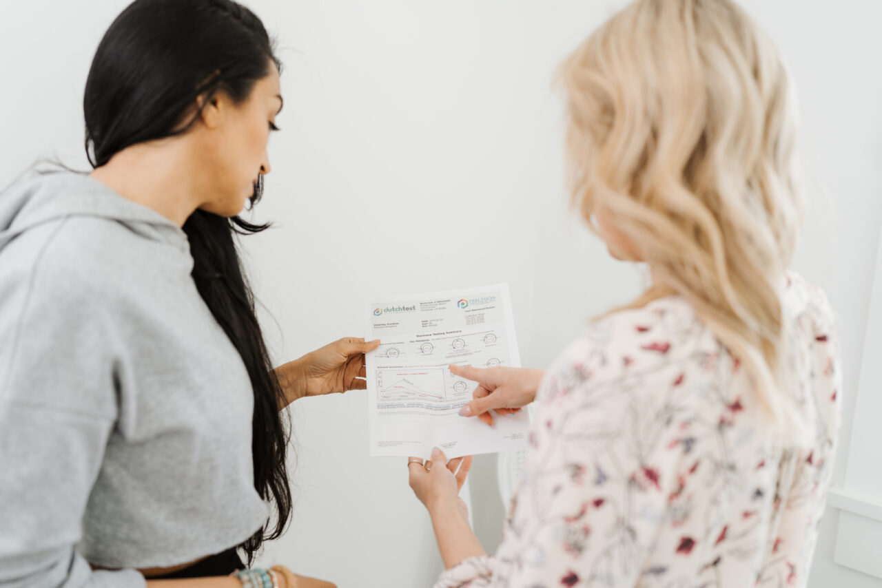 Naturopathic doctor reviewing a DUTCH hormone test report with a patient at Semiahmoo Wellness Centre in South Surrey